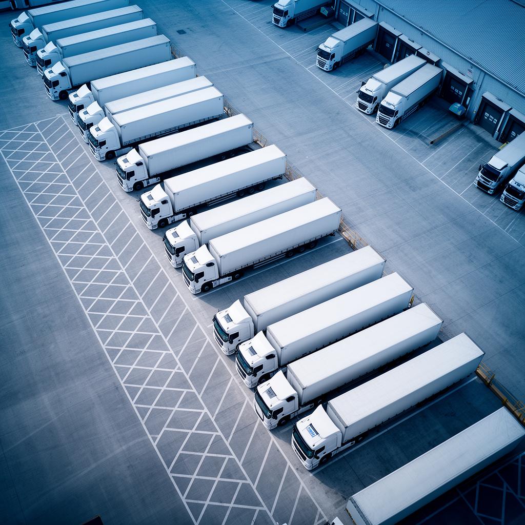 Lkw an Verladerampen eines Logistikzentrums als Symbol für effiziente Transport und Logistikprozesse.