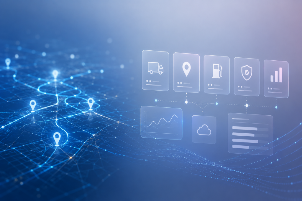 Digitales Interface Telematiksysteme mit Feature-Icons und Navigationsmap